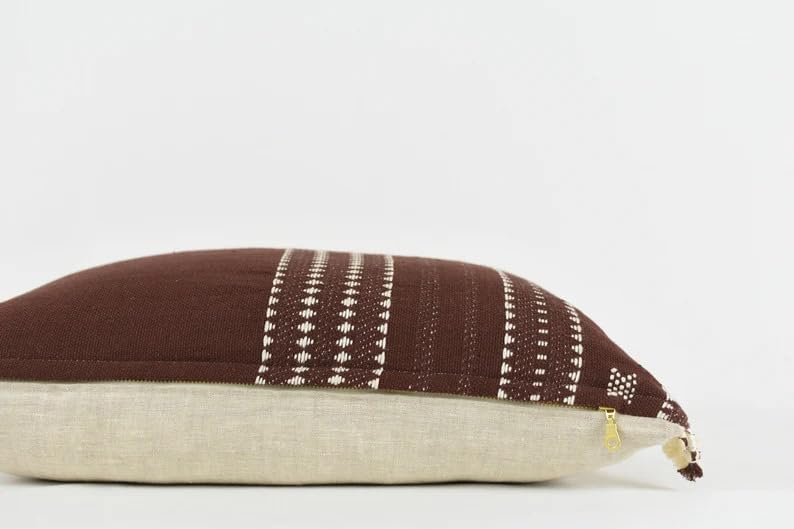 Boho Tassel Striped Throw Pillow Cover, Brown Beige Woven Decorative Square Cushion Case with Fringe Edge for Sofa Couch Bedroom Home Decor, 18x18 Inch (Pillow Insert Not Included)