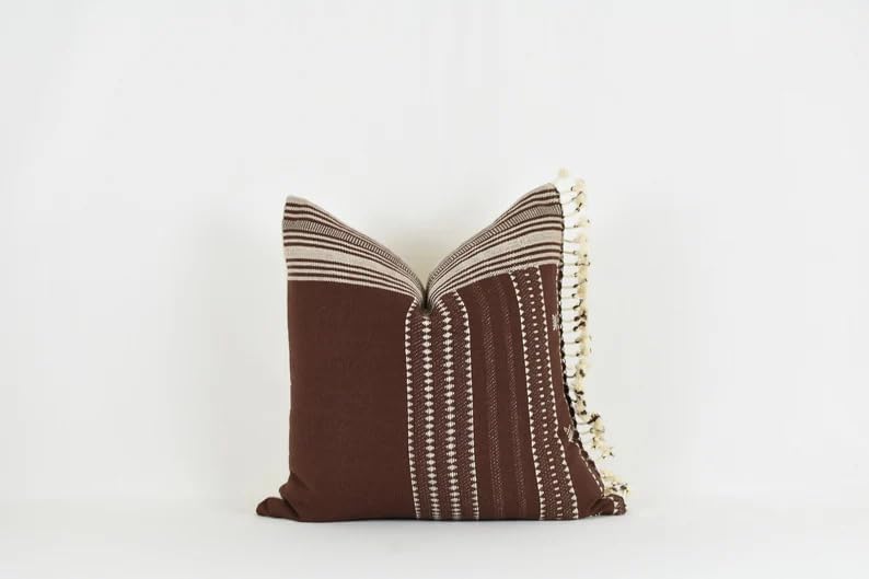 Boho Tassel Striped Throw Pillow Cover, Brown Beige Woven Decorative Square Cushion Case with Fringe Edge for Sofa Couch Bedroom Home Decor, 18x18 Inch (Pillow Insert Not Included)