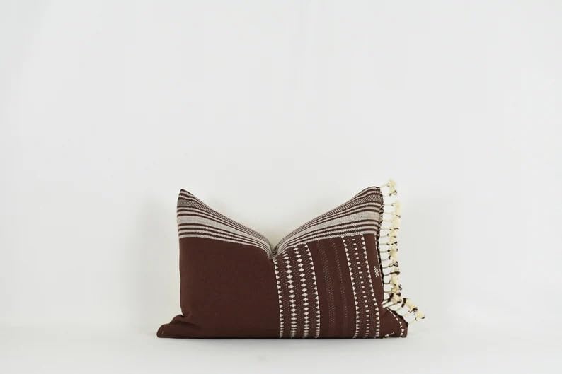 Boho Tassel Striped Throw Pillow Cover, Brown Beige Woven Decorative Square Cushion Case with Fringe Edge for Sofa Couch Bedroom Home Decor, 18x18 Inch (Pillow Insert Not Included)