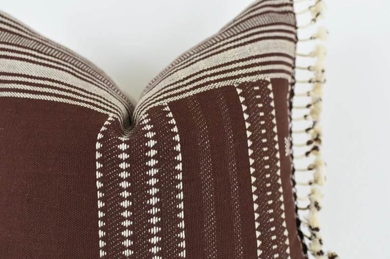 Boho Tassel Striped Throw Pillow Cover, Brown Beige Woven Decorative Square Cushion Case with Fringe Edge for Sofa Couch Bedroom Home Decor, 18x18 Inch (Pillow Insert Not Included)