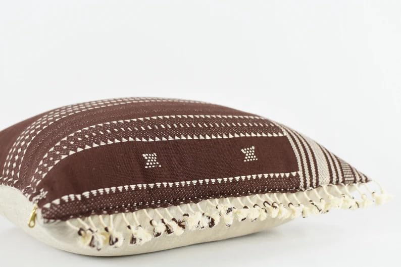 Boho Tassel Striped Throw Pillow Cover, Brown Beige Woven Decorative Square Cushion Case with Fringe Edge for Sofa Couch Bedroom Home Decor, 18x18 Inch (Pillow Insert Not Included)