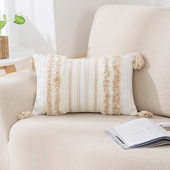 decorUhome Summer Decorative Boho Throw Pillow Covers 20x20 Set of 2, Accent Neutral Textured Tufted Pillow Covers Striped for Couch Bed Sofa Living Room, Light Grey and Cream White