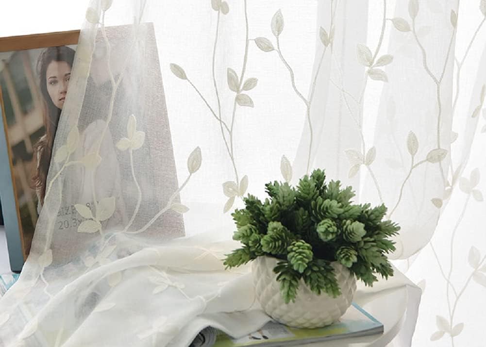 HooHero Simple Leaf Embroidered Semi Sheer Curtains Window Treatment Rod Pocket Drapes for Living Dining Room Bedroom(1 Panel, W 100 x L 84 inch, White)