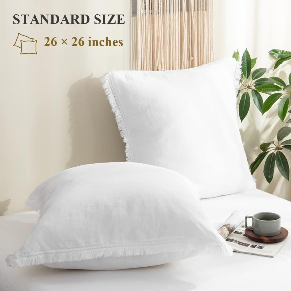 Simple&Opulence 100% Linen Euro Sham Pillow Covers Belgian Flax-Set of 2, Decorative Pillow Cover with Tassels, Boho Shabby Chic Style for Couch/Bed, White, 26" x 26"