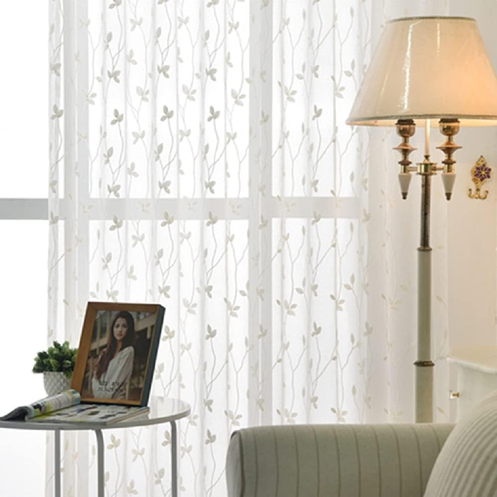 HooHero Simple Leaf Embroidered Semi Sheer Curtains Window Treatment Rod Pocket Drapes for Living Dining Room Bedroom(1 Panel, W 100 x L 84 inch, White)