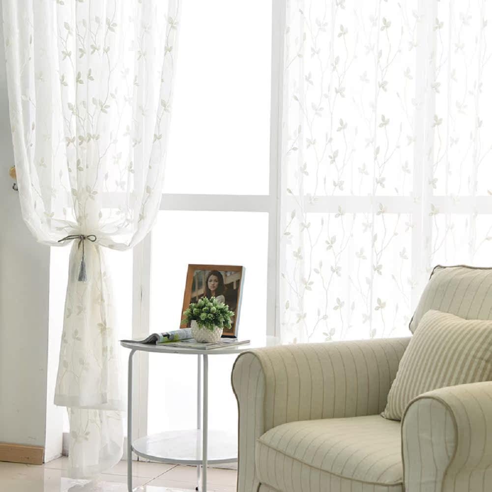 HooHero Simple Leaf Embroidered Semi Sheer Curtains Window Treatment Rod Pocket Drapes for Living Dining Room Bedroom(1 Panel, W 100 x L 84 inch, White)
