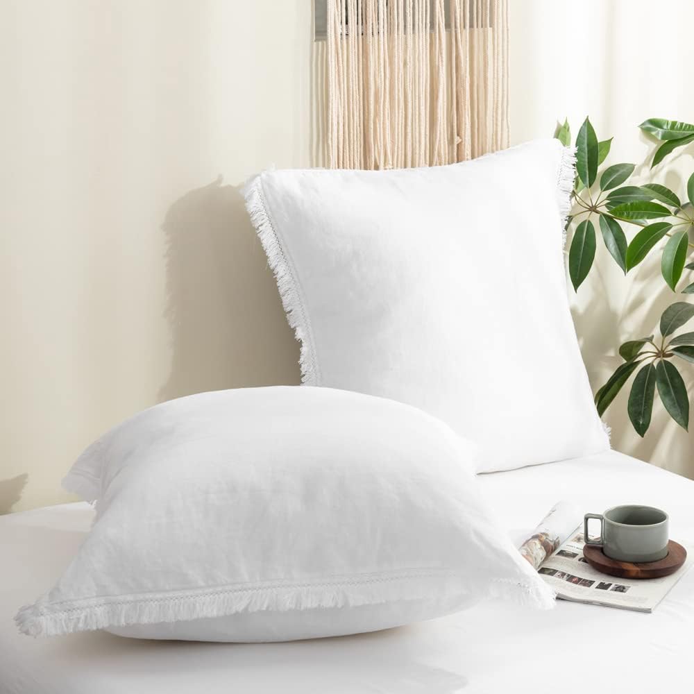 Simple&Opulence 100% Linen Euro Sham Pillow Covers Belgian Flax-Set of 2, Decorative Pillow Cover with Tassels, Boho Shabby Chic Style for Couch/Bed, White, 26" x 26"