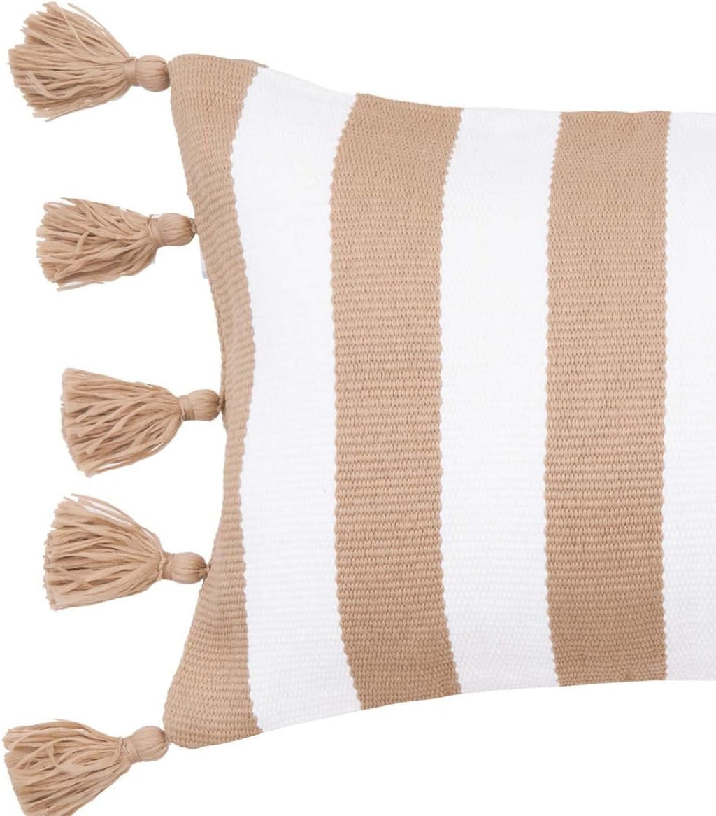 C&F Home Cabana Khaki Stripes Tassels Indoor/Outdoor Accent Pillow 14" x 22" Versatile Coastal Beach House Nautical Tropical Home Living Room Sofa Couch Chair Porch Patio 100% Polyester Decor