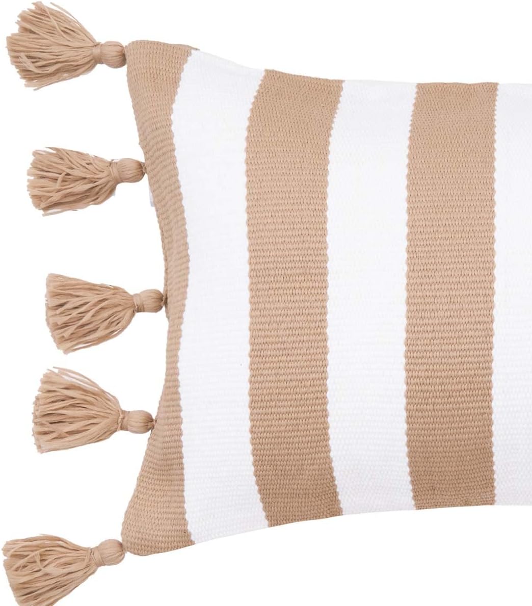 C&F Home Cabana Khaki Stripes Tassels Indoor/Outdoor Accent Pillow 14" x 22" Versatile Coastal Beach House Nautical Tropical Home Living Room Sofa Couch Chair Porch Patio 100% Polyester Decor