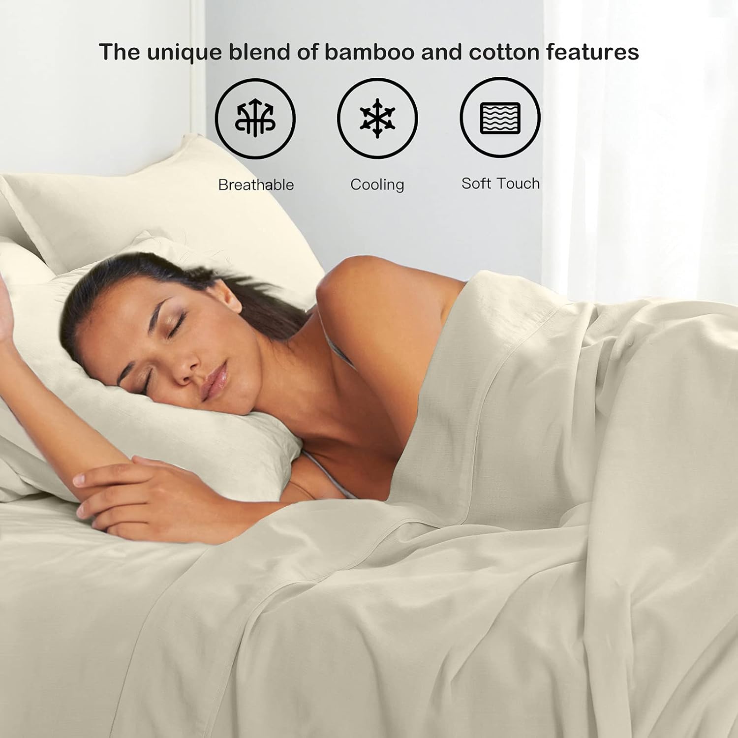 PANDATEX Beige Linen-Textured Bed Sheets Set, Bamboo Rayon, Cotton, Linen Blend Bed Sheets King Size, Soft Cool & Breathable for Hot Sleepers,Durable Natural Organic Bed 15'' Deep Pocket - 4 Piece