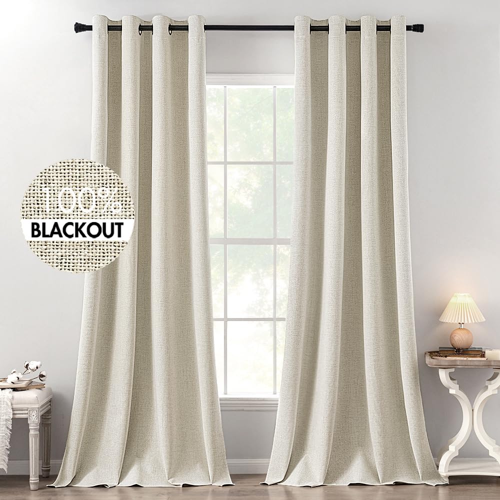 MIULEE 100% Blackout Linen Curtains for Bedroom Thermal Insulated Birch Grommet Room Darkening Curtains & Drapes for Living Room Nursery 52 x 96 Inch (2 Panels)