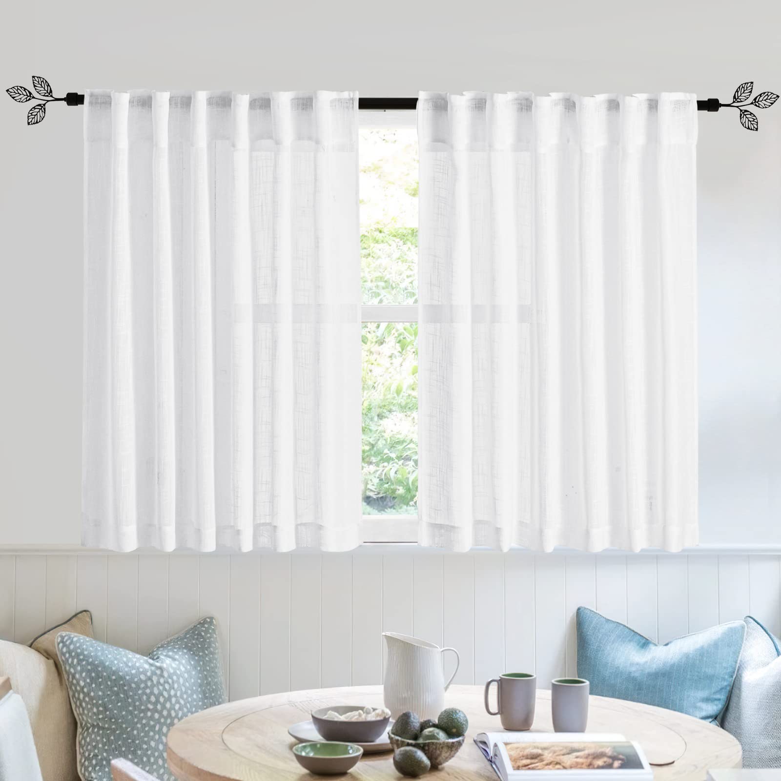 RYB HOME Farmhouse Sheer Curtains 108 inch Length, Semi Sheer Curtain & Drapes Large Window Dressing Lights & Winds Filter for Bedroom Home Office Living Room, Linen, W 70 x L 108 inch Long, 1 Pair