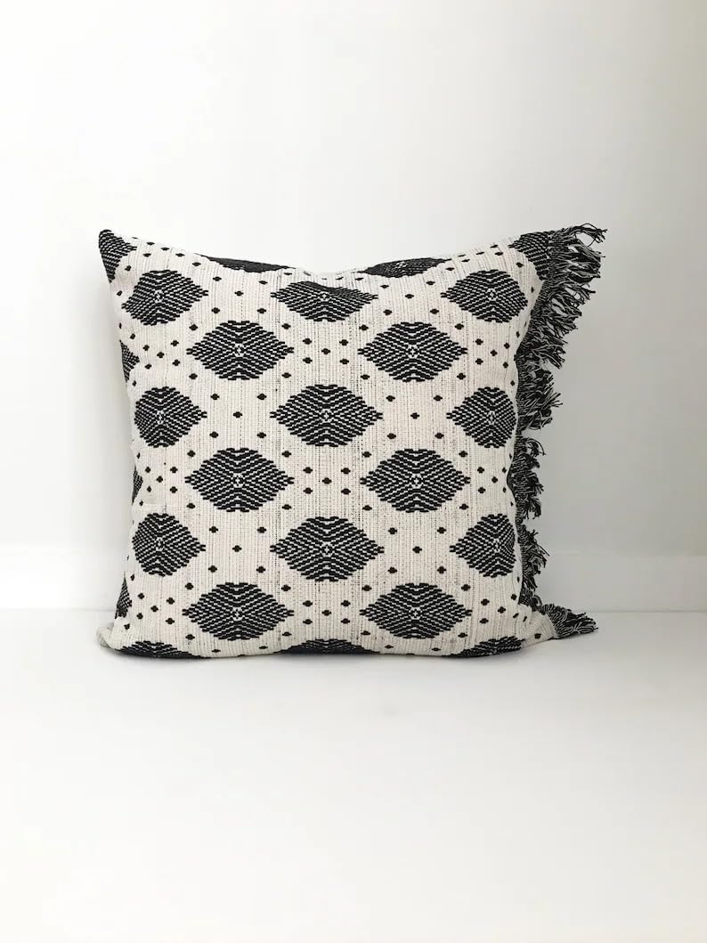 Boho Black White Diamond Fringed Throw Pillow Cover, Woven Textured Decorative Square Cushion Case with Tassel Edge for Couch Sofa Bed Living Room Home Decor, 18x18 Inch (Pillow Insert Not Included)