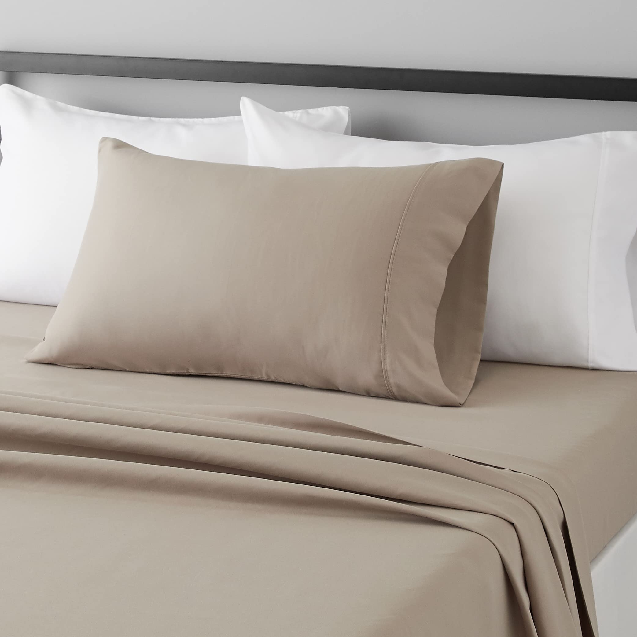 Amazon Basics Lightweight Super Soft Easy Care Wrinkle Free Breathable Brushed Microfiber 3-Piece Bed Sheet Set with 14-Inch Deep Pockets, Twin, Beige, Solid