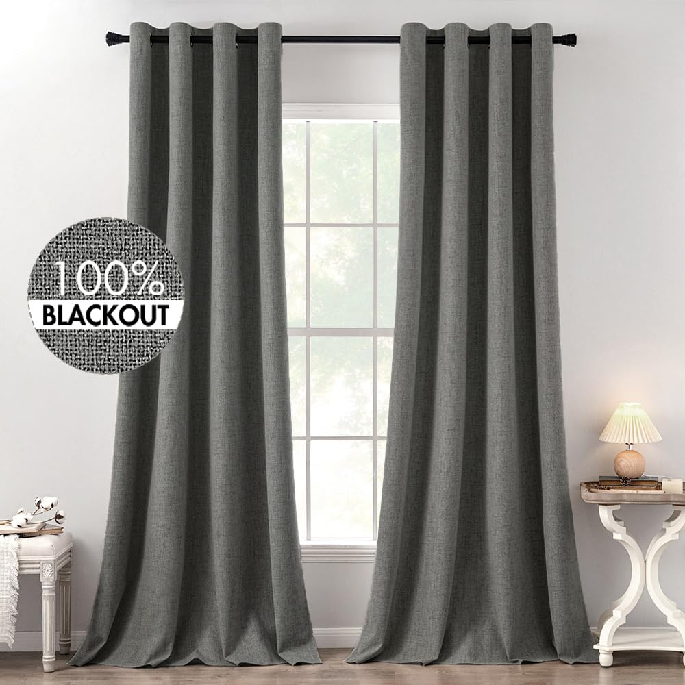 MIULEE 100% Blackout Linen Curtains for Bedroom Thermal Insulated Birch Grommet Room Darkening Curtains & Drapes for Living Room Nursery 52 x 96 Inch (2 Panels)
