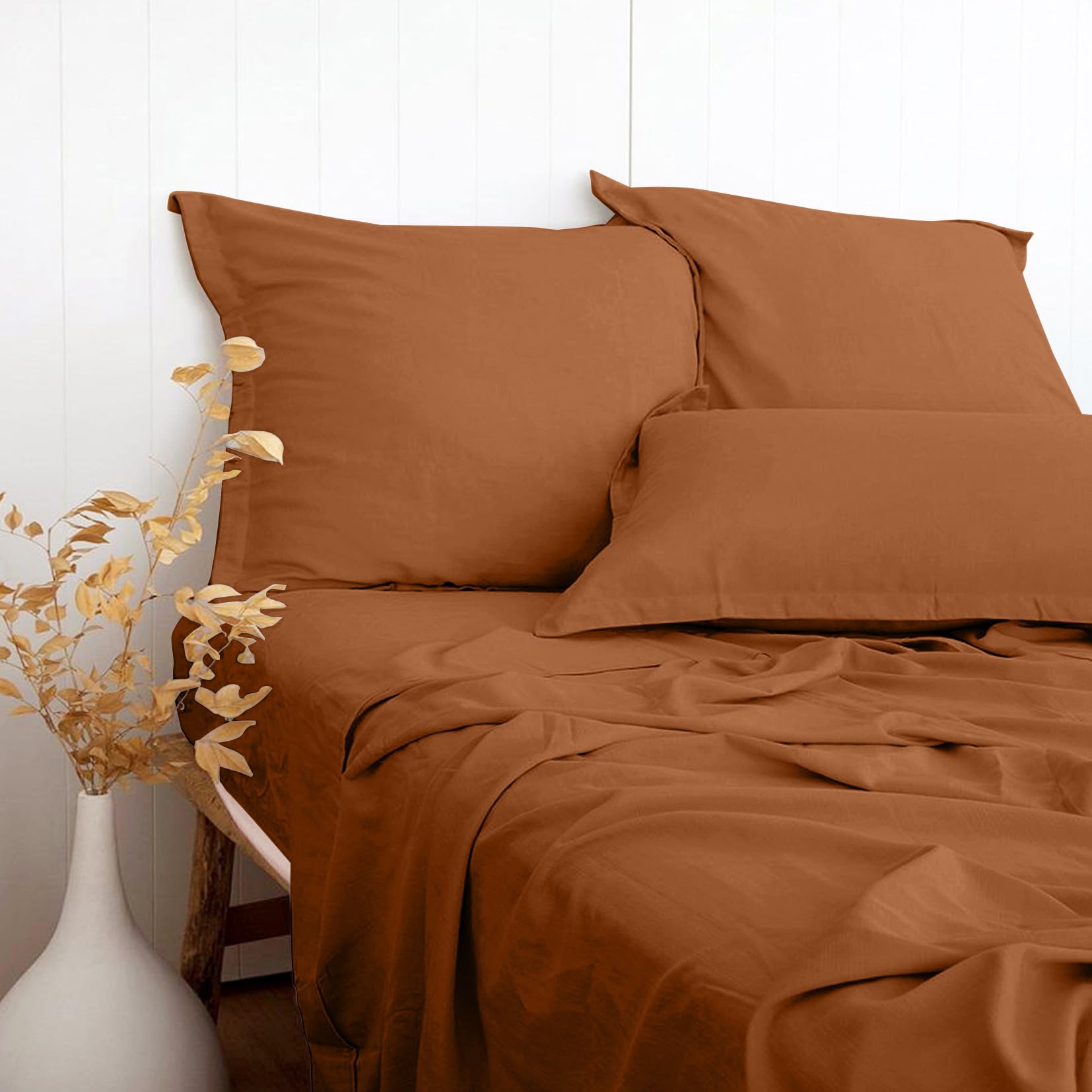 PANDATEX Beige Linen-Textured Bed Sheets Set, Bamboo Rayon, Cotton, Linen Blend Bed Sheets King Size, Soft Cool & Breathable for Hot Sleepers,Durable Natural Organic Bed 15'' Deep Pocket - 4 Piece