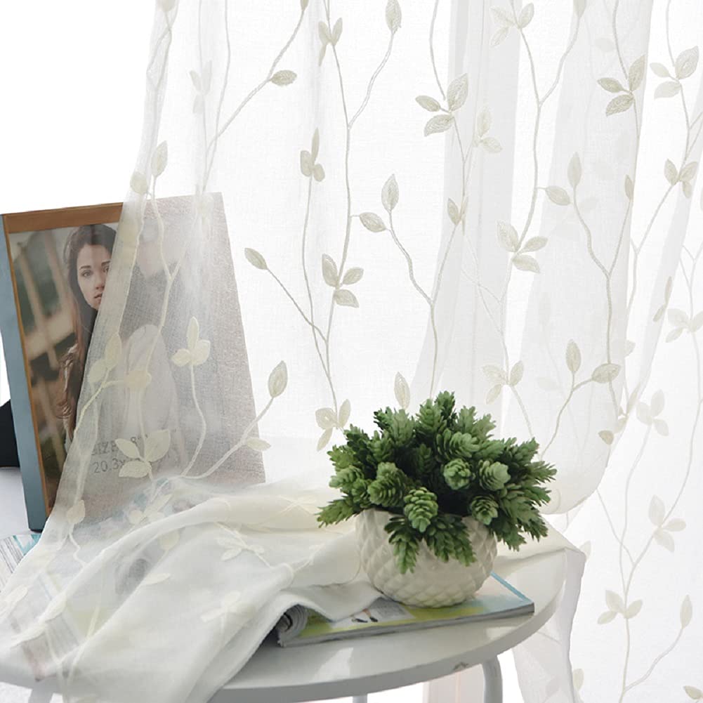 HooHero Simple Leaf Embroidered Semi Sheer Curtains Window Treatment Rod Pocket Drapes for Living Dining Room Bedroom(1 Panel, W 100 x L 84 inch, White)