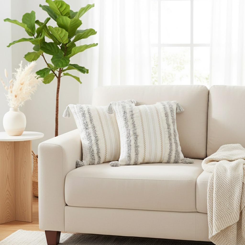 decorUhome Summer Decorative Boho Throw Pillow Covers 20x20 Set of 2, Accent Neutral Textured Tufted Pillow Covers Striped for Couch Bed Sofa Living Room, Light Grey and Cream White