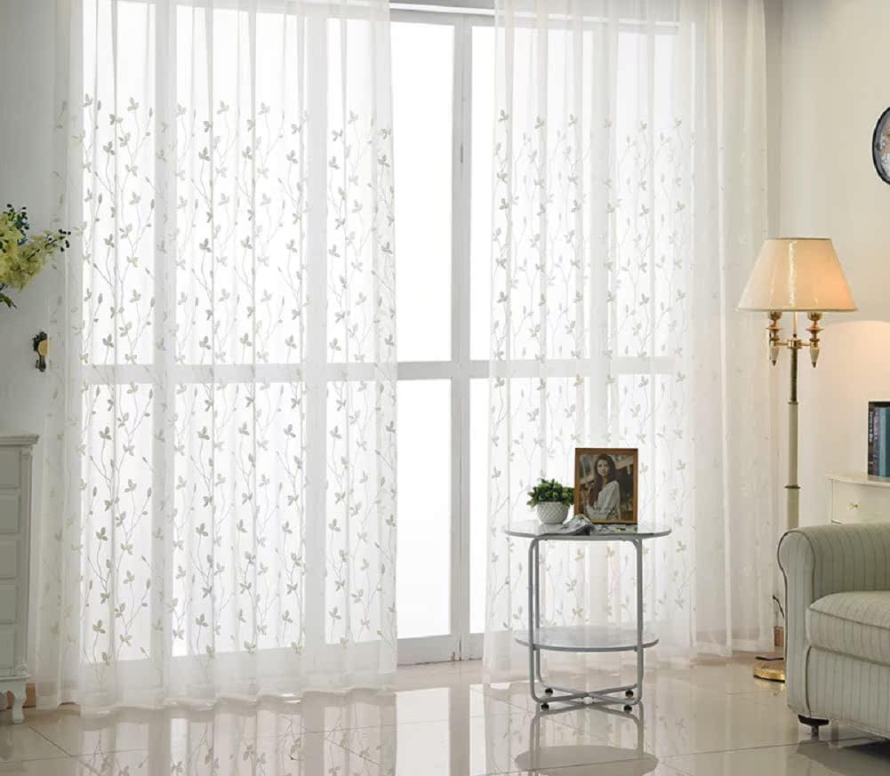 HooHero Simple Leaf Embroidered Semi Sheer Curtains Window Treatment Rod Pocket Drapes for Living Dining Room Bedroom(1 Panel, W 100 x L 84 inch, White)