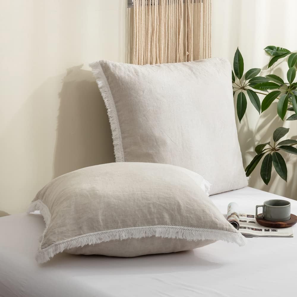 Simple&Opulence 100% Linen Euro Sham Pillow Covers Belgian Flax-Set of 2, Decorative Pillow Cover with Tassels, Boho Shabby Chic Style for Couch/Bed, White, 26" x 26"