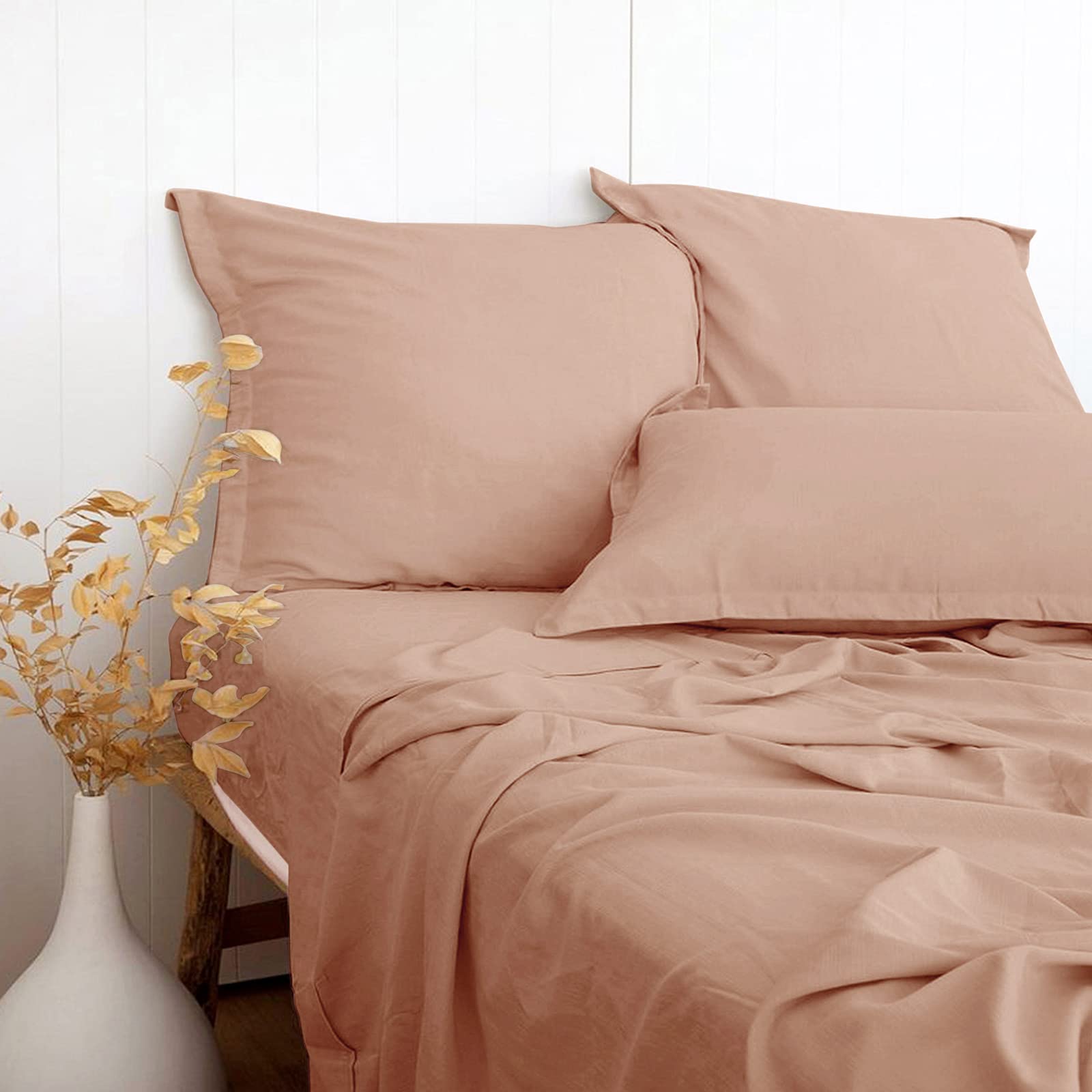 PANDATEX Beige Linen-Textured Bed Sheets Set, Bamboo Rayon, Cotton, Linen Blend Bed Sheets King Size, Soft Cool & Breathable for Hot Sleepers,Durable Natural Organic Bed 15'' Deep Pocket - 4 Piece