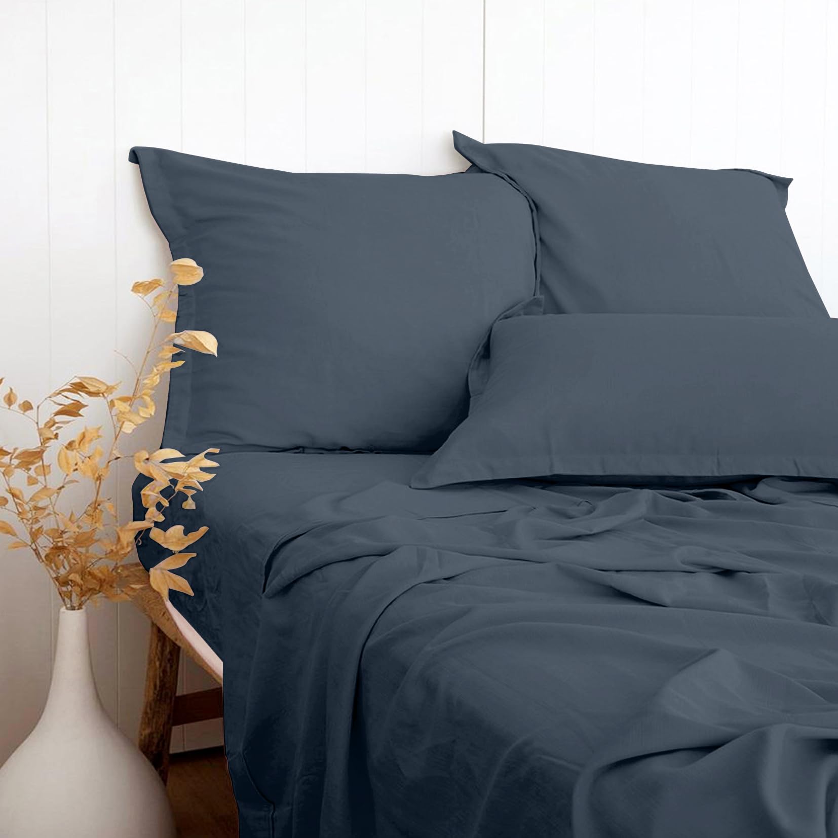 PANDATEX Beige Linen-Textured Bed Sheets Set, Bamboo Rayon, Cotton, Linen Blend Bed Sheets King Size, Soft Cool & Breathable for Hot Sleepers,Durable Natural Organic Bed 15'' Deep Pocket - 4 Piece