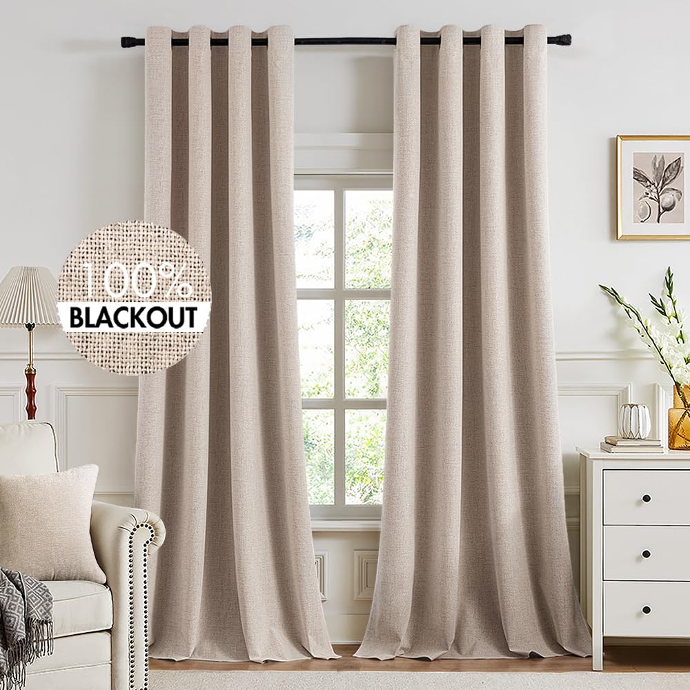 MIULEE 100% Blackout Linen Curtains for Bedroom Thermal Insulated Birch Grommet Room Darkening Curtains & Drapes for Living Room Nursery 52 x 96 Inch (2 Panels)