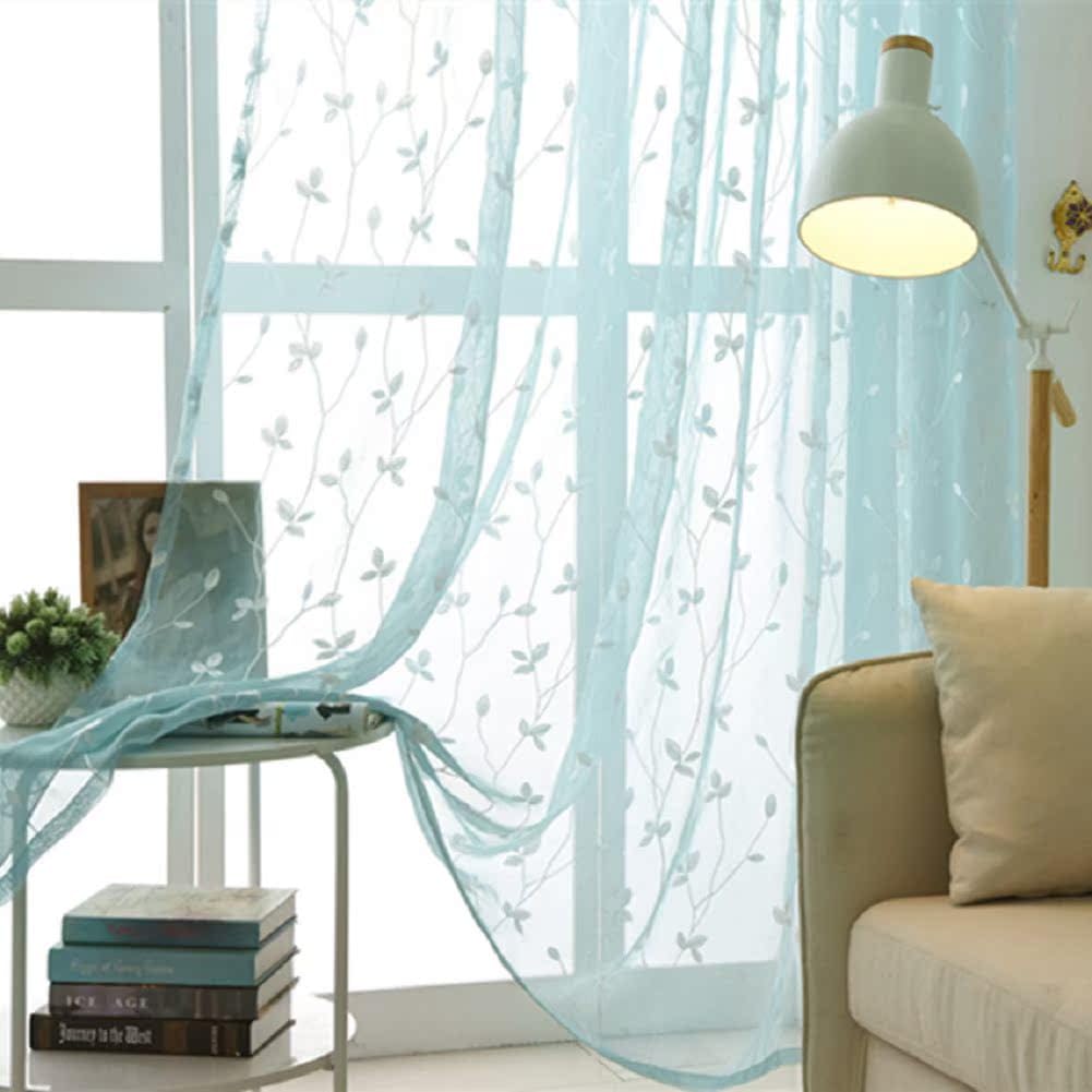 HooHero Simple Leaf Embroidered Semi Sheer Curtains Window Treatment Rod Pocket Drapes for Living Dining Room Bedroom(1 Panel, W 100 x L 84 inch, White)