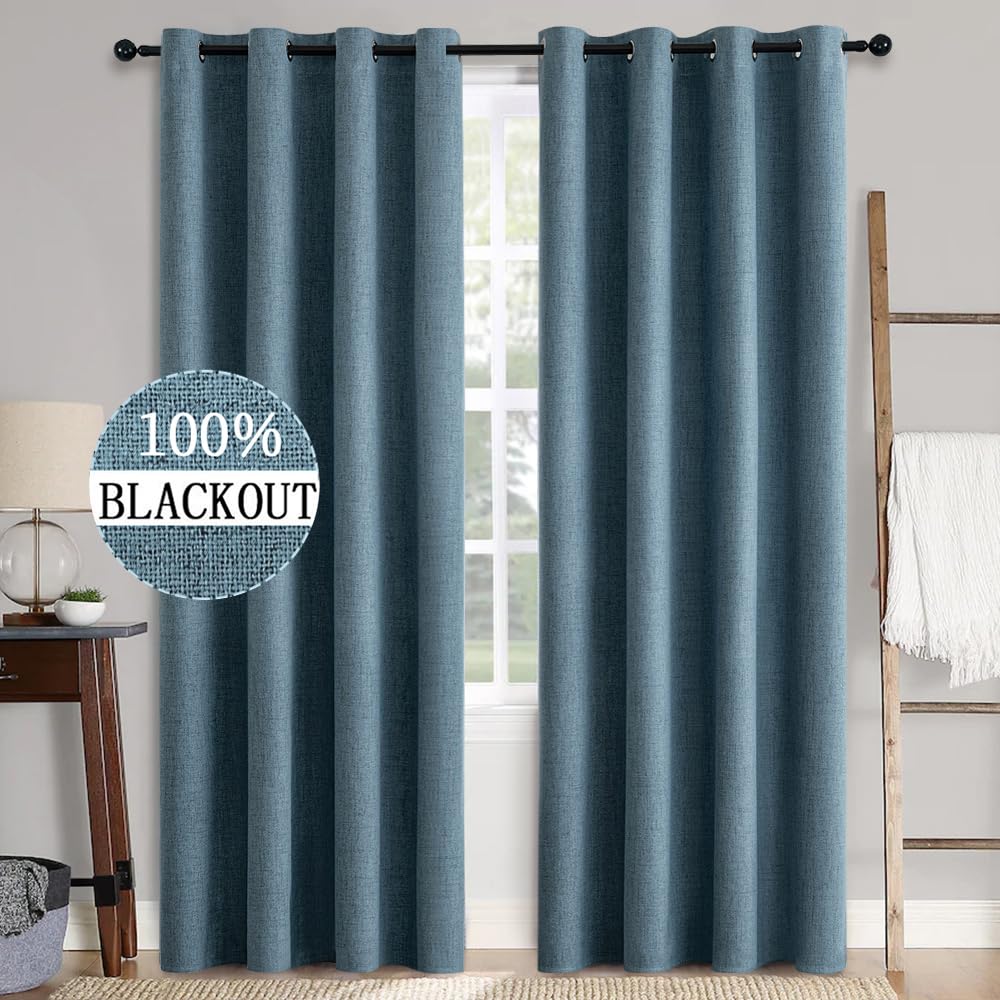 MIULEE 100% Blackout Linen Curtains for Bedroom Thermal Insulated Birch Grommet Room Darkening Curtains & Drapes for Living Room Nursery 52 x 96 Inch (2 Panels)