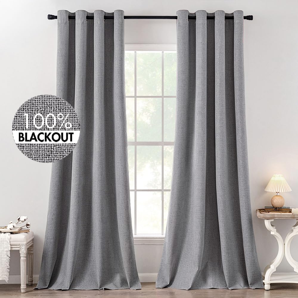 MIULEE 100% Blackout Linen Curtains for Bedroom Thermal Insulated Birch Grommet Room Darkening Curtains & Drapes for Living Room Nursery 52 x 96 Inch (2 Panels)