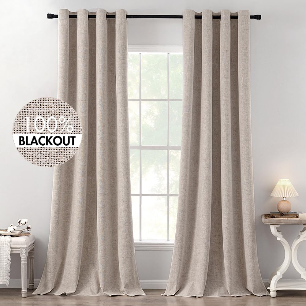 MIULEE 100% Blackout Linen Curtains for Bedroom Thermal Insulated Birch Grommet Room Darkening Curtains & Drapes for Living Room Nursery 52 x 96 Inch (2 Panels)