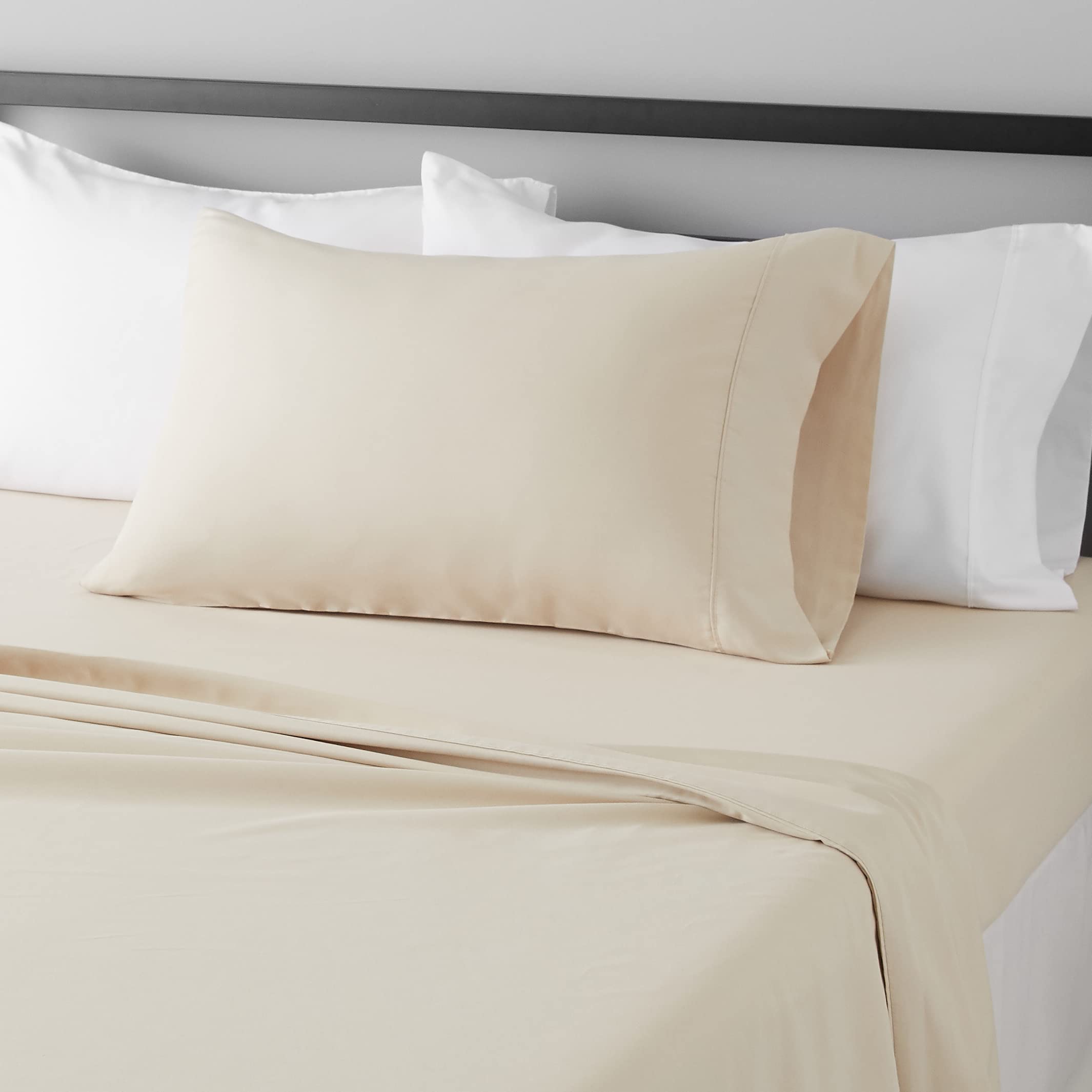 Amazon Basics Lightweight Super Soft Easy Care Wrinkle Free Breathable Brushed Microfiber 3-Piece Bed Sheet Set with 14-Inch Deep Pockets, Twin, Beige, Solid