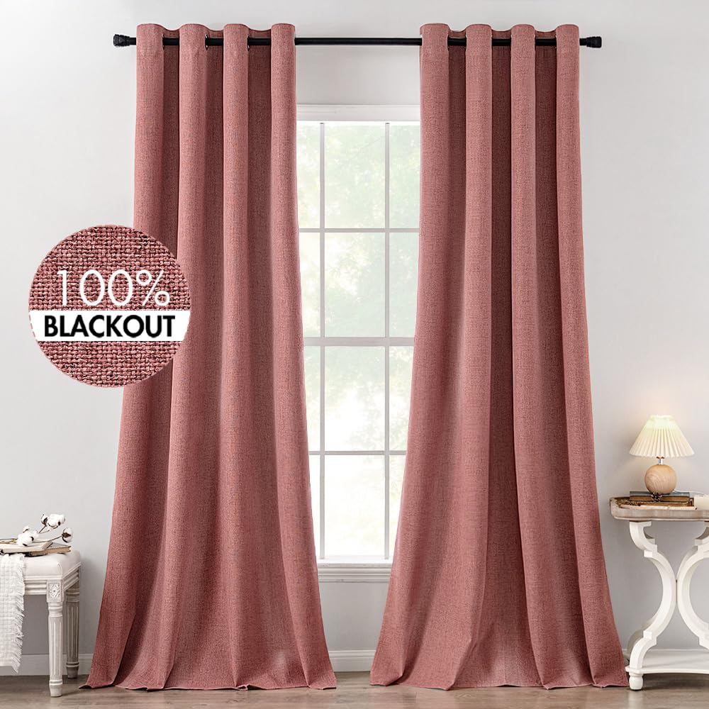 MIULEE 100% Blackout Linen Curtains for Bedroom Thermal Insulated Birch Grommet Room Darkening Curtains & Drapes for Living Room Nursery 52 x 96 Inch (2 Panels)