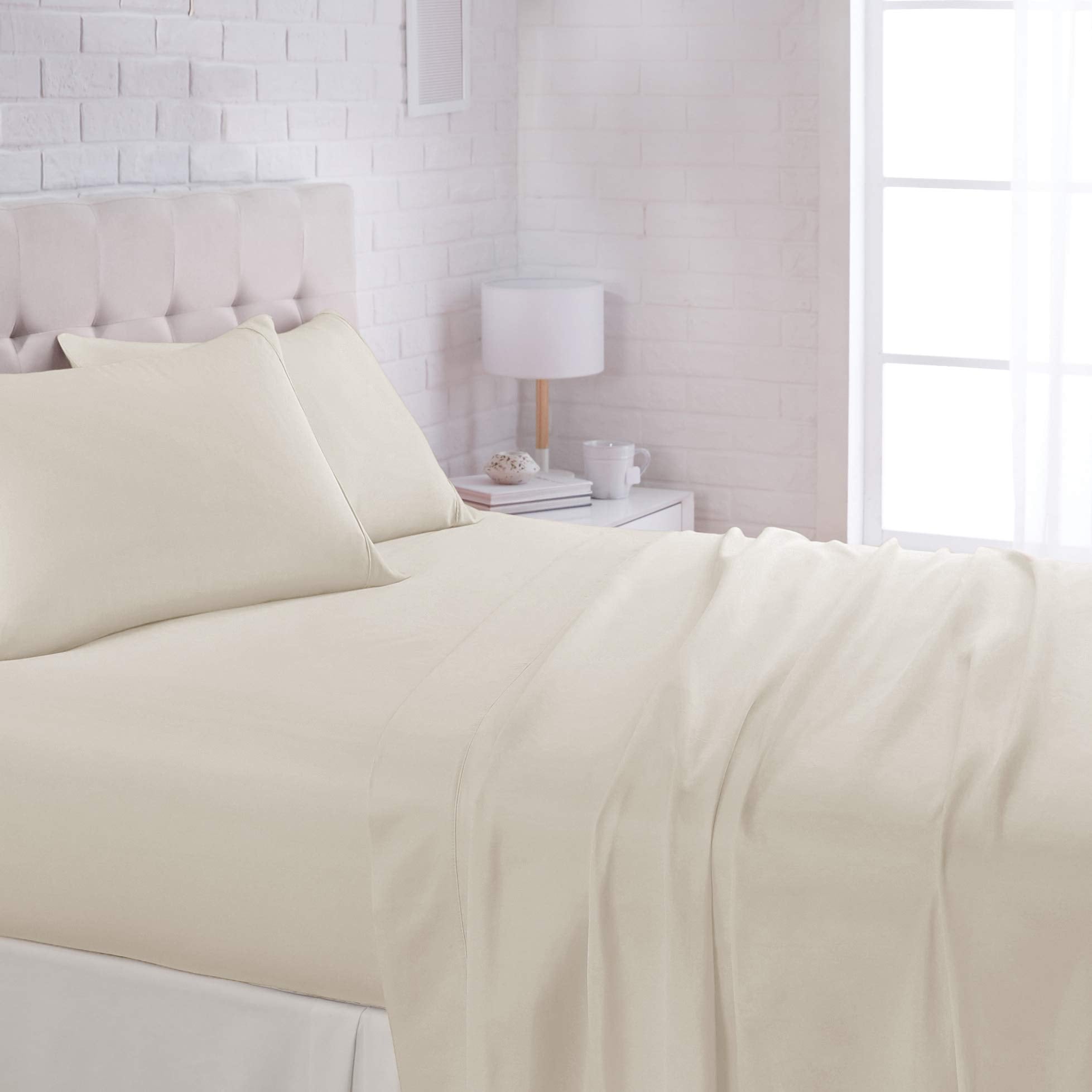 Amazon Basics Lightweight Super Soft Easy Care Wrinkle Free Breathable Brushed Microfiber 3-Piece Bed Sheet Set with 14-Inch Deep Pockets, Twin, Beige, Solid