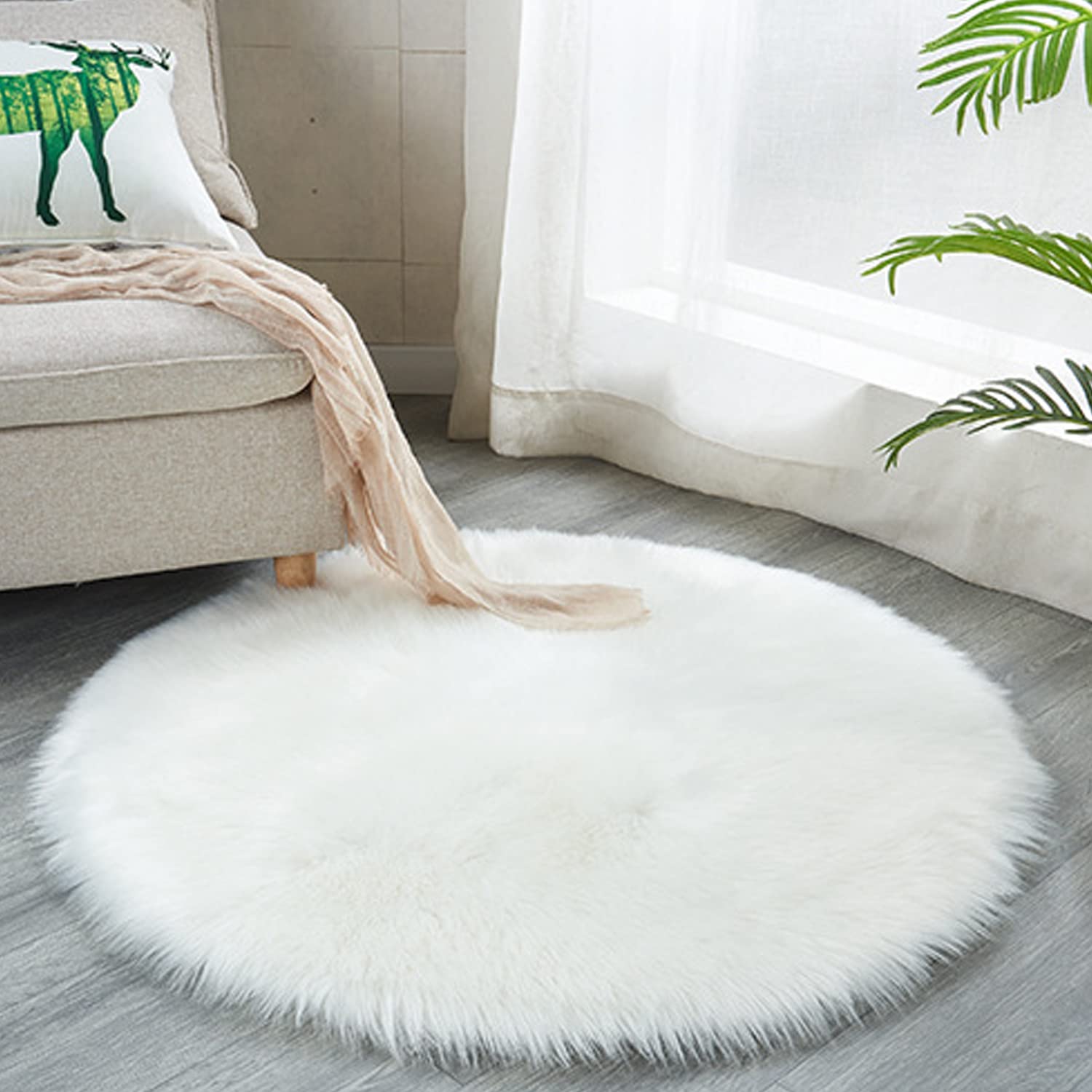 Luxury Faux Sheepskin Area Rugs Supersoft Fluffy Shaggy Round Floor Carpet Mat Decorative Throw Cover- Children Play Carpet for Living & Bedroom Sofa Light Pink, 5 ft Diameter