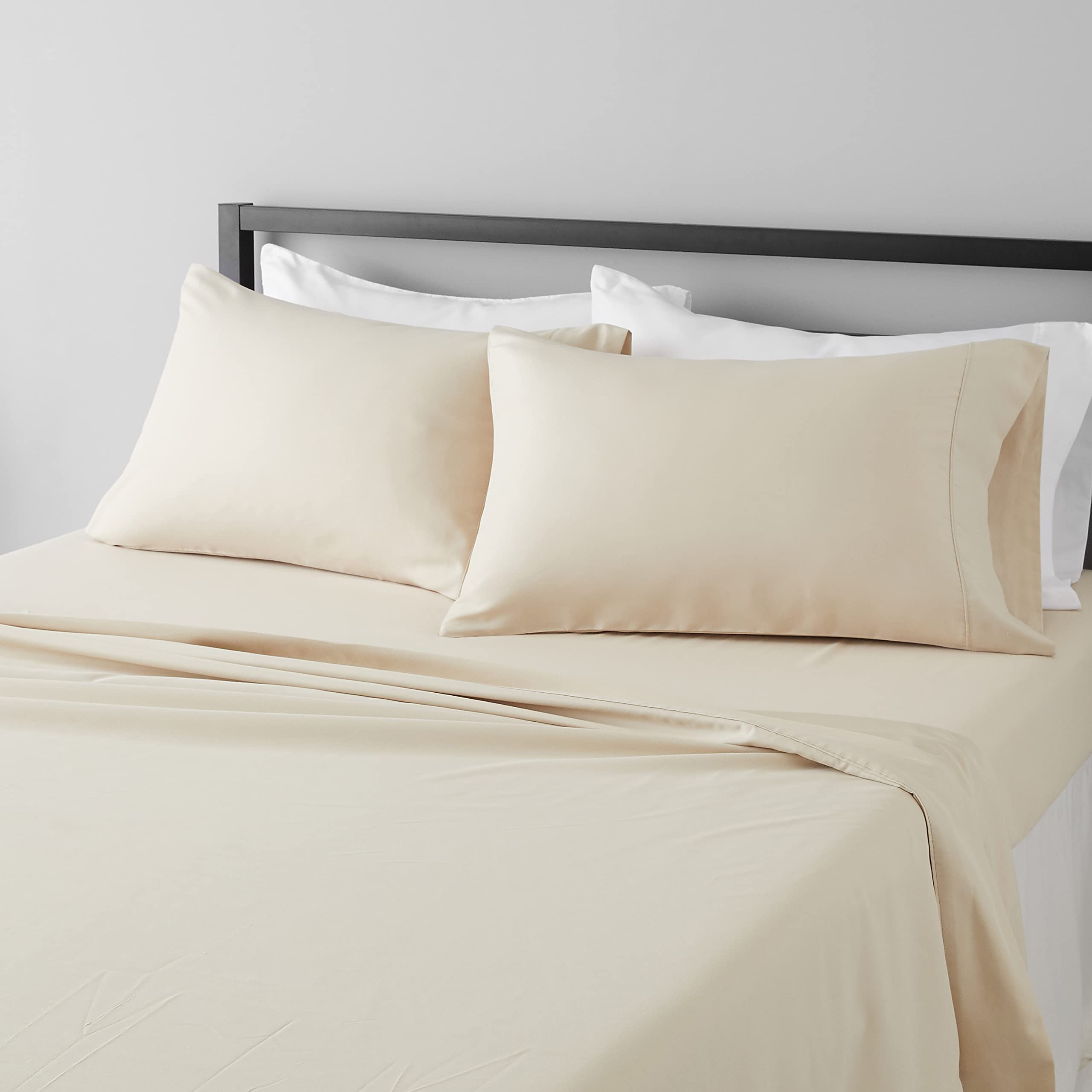 Amazon Basics Lightweight Super Soft Easy Care Wrinkle Free Breathable Brushed Microfiber 3-Piece Bed Sheet Set with 14-Inch Deep Pockets, Twin, Beige, Solid