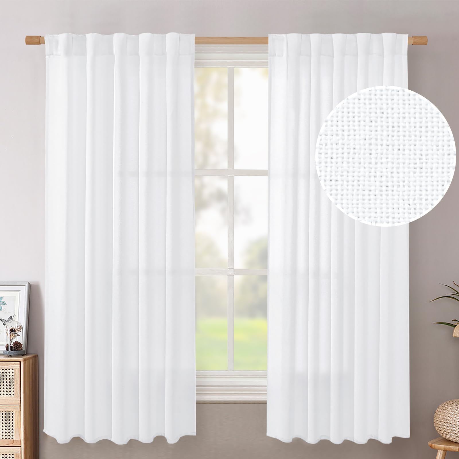BGment Long 102 Inch Length Linen Curtains for Living Room, Natural Rod Pocket Textured Burlap Drapes Rustic Country Light Filtering for Bedroom Semi Sheer Back Tab, 2 Panel, 52 Inch Wide Each Panel