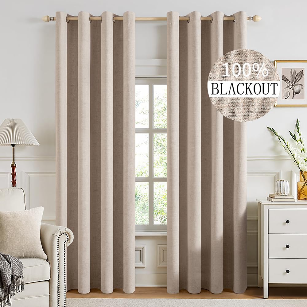 MIULEE 100% Blackout Linen Curtains for Bedroom Thermal Insulated Birch Grommet Room Darkening Curtains & Drapes for Living Room Nursery 52 x 96 Inch (2 Panels)