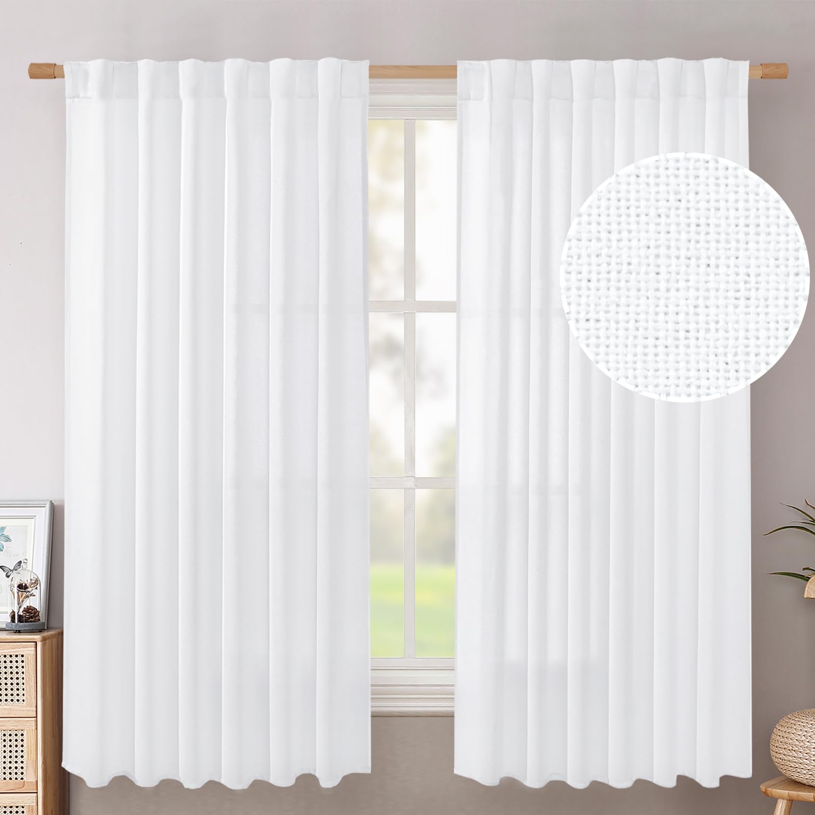 BGment Long 102 Inch Length Linen Curtains for Living Room, Natural Rod Pocket Textured Burlap Drapes Rustic Country Light Filtering for Bedroom Semi Sheer Back Tab, 2 Panel, 52 Inch Wide Each Panel