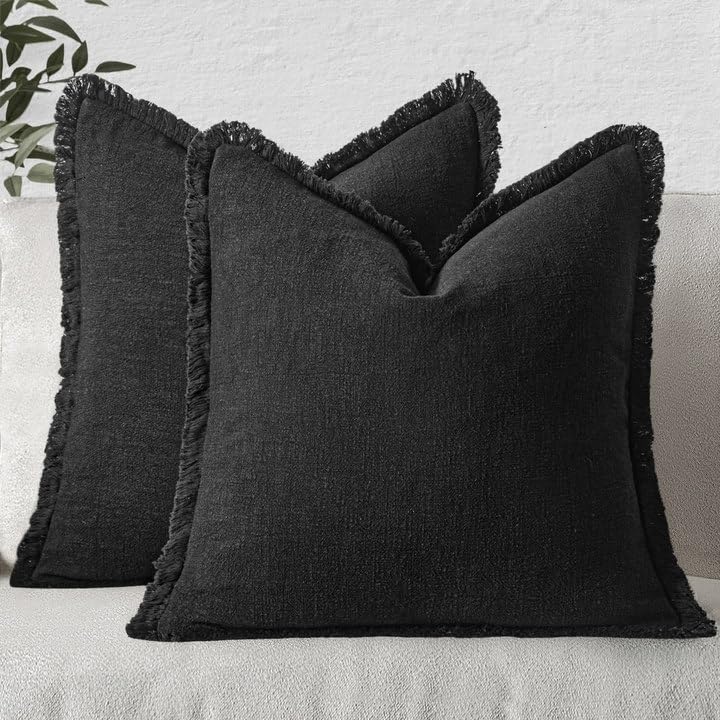 MIULEE Decorative Throw Pillow Covers Neutral Linen Fringe Throw Pillows Euro Shams Set of 2 Brown Boho Farmhouse Cushion Covers for Couch Sofa Bed Living Room Spring Home Decor 26x26 Inch