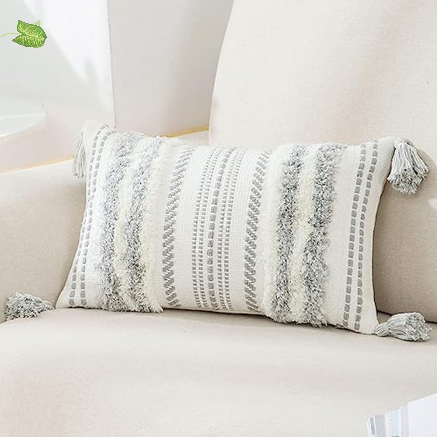 decorUhome Summer Decorative Boho Throw Pillow Covers 20x20 Set of 2, Accent Neutral Textured Tufted Pillow Covers Striped for Couch Bed Sofa Living Room, Light Grey and Cream White