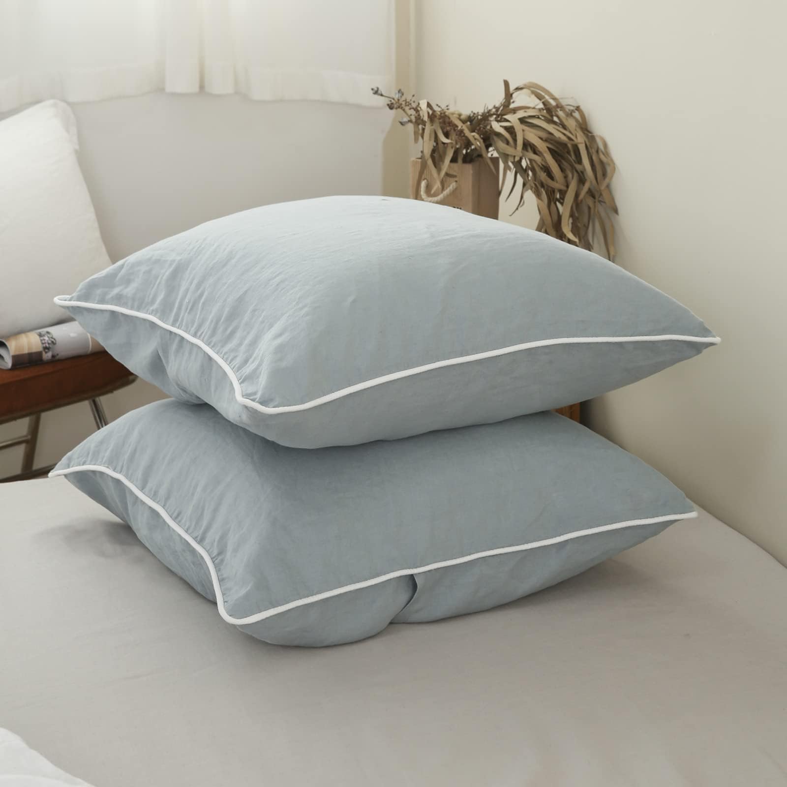 Simple&Opulence 100% Linen Euro Sham Pillow Covers Belgian Flax-Set of 2, Decorative Pillow Cover with Tassels, Boho Shabby Chic Style for Couch/Bed, Natural Linen, 26" x 26"