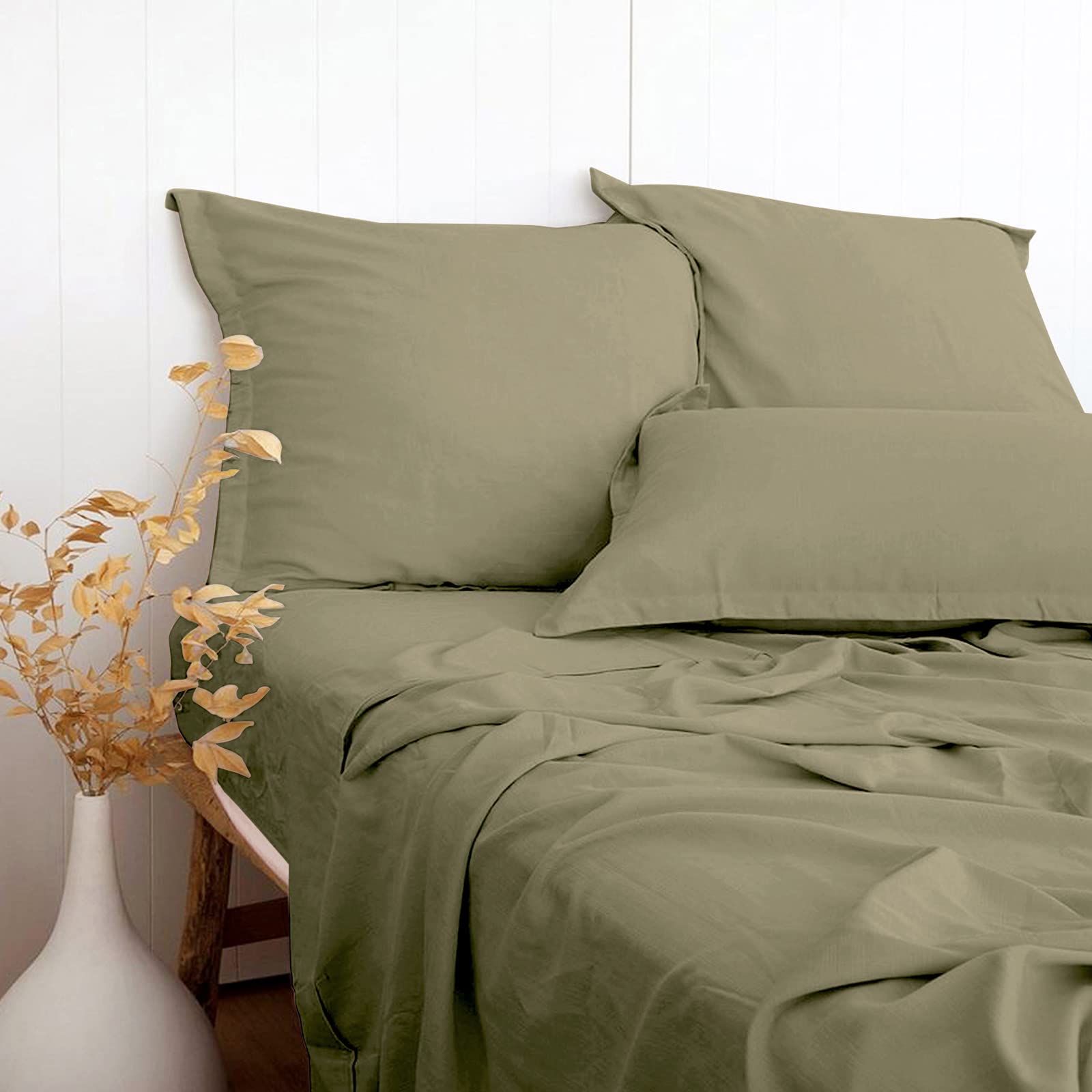 PANDATEX Beige Linen-Textured Bed Sheets Set, Bamboo Rayon, Cotton, Linen Blend Bed Sheets King Size, Soft Cool & Breathable for Hot Sleepers,Durable Natural Organic Bed 15'' Deep Pocket - 4 Piece