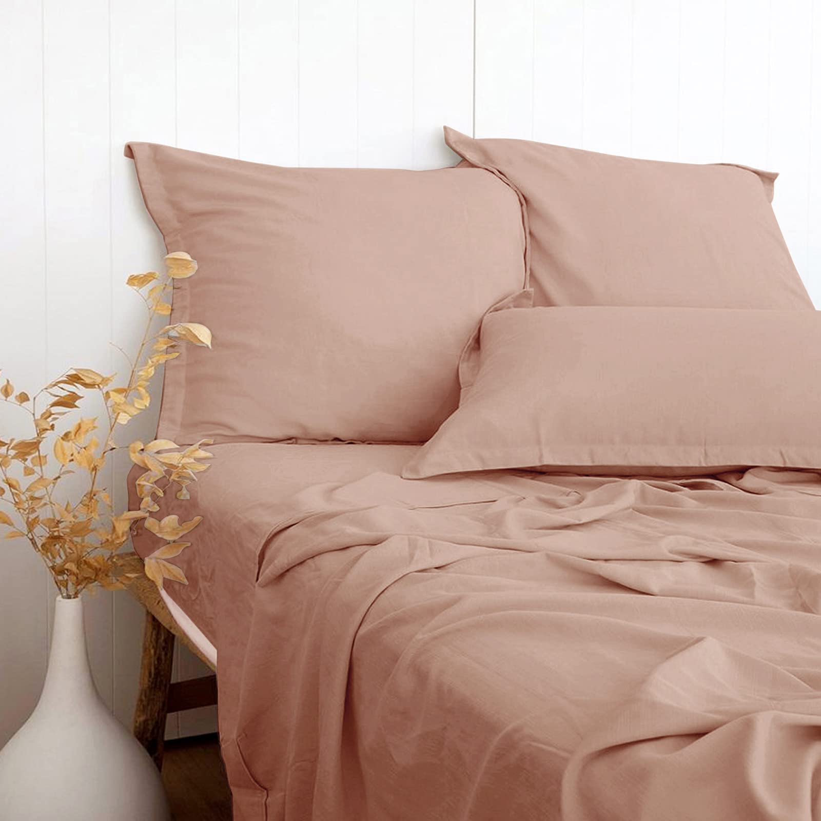 PANDATEX Beige Linen-Textured Bed Sheets Set, Bamboo Rayon, Cotton, Linen Blend Bed Sheets King Size, Soft Cool & Breathable for Hot Sleepers,Durable Natural Organic Bed 15'' Deep Pocket - 4 Piece