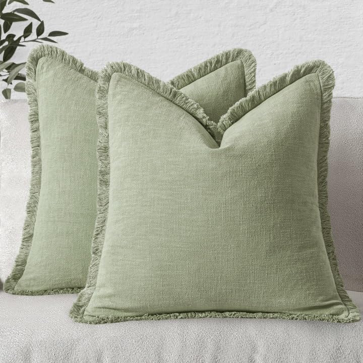 MIULEE Decorative Throw Pillow Covers Neutral Linen Fringe Throw Pillows Set of 2 Natural Linen Boho Farmhouse Cushion Covers with Tassels for Couch Sofa Bed Spring Home Decor 28x28 Inch