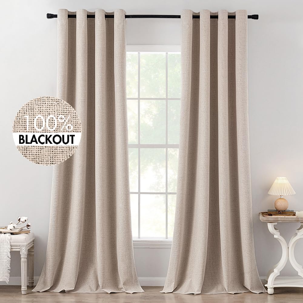 MIULEE 100% Blackout Linen Curtains for Bedroom Thermal Insulated Birch Grommet Room Darkening Curtains & Drapes for Living Room Nursery 52 x 96 Inch (2 Panels)