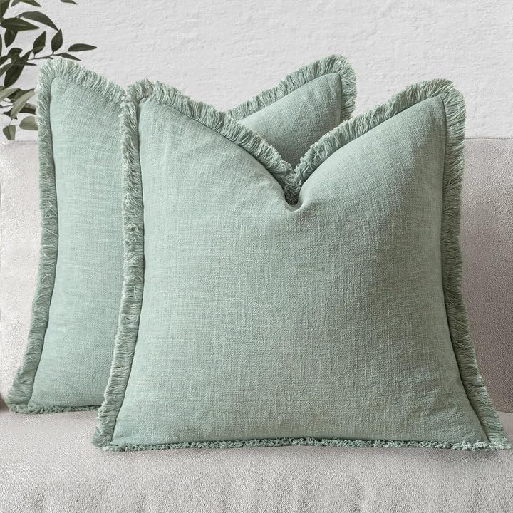MIULEE Decorative Throw Pillow Covers Neutral Linen Fringe Throw Pillows Euro Shams Set of 2 Sage Green Boho Farmhouse Cushion Covers for Couch Sofa Bed Living Room Spring Home Decor 26x26 Inch
