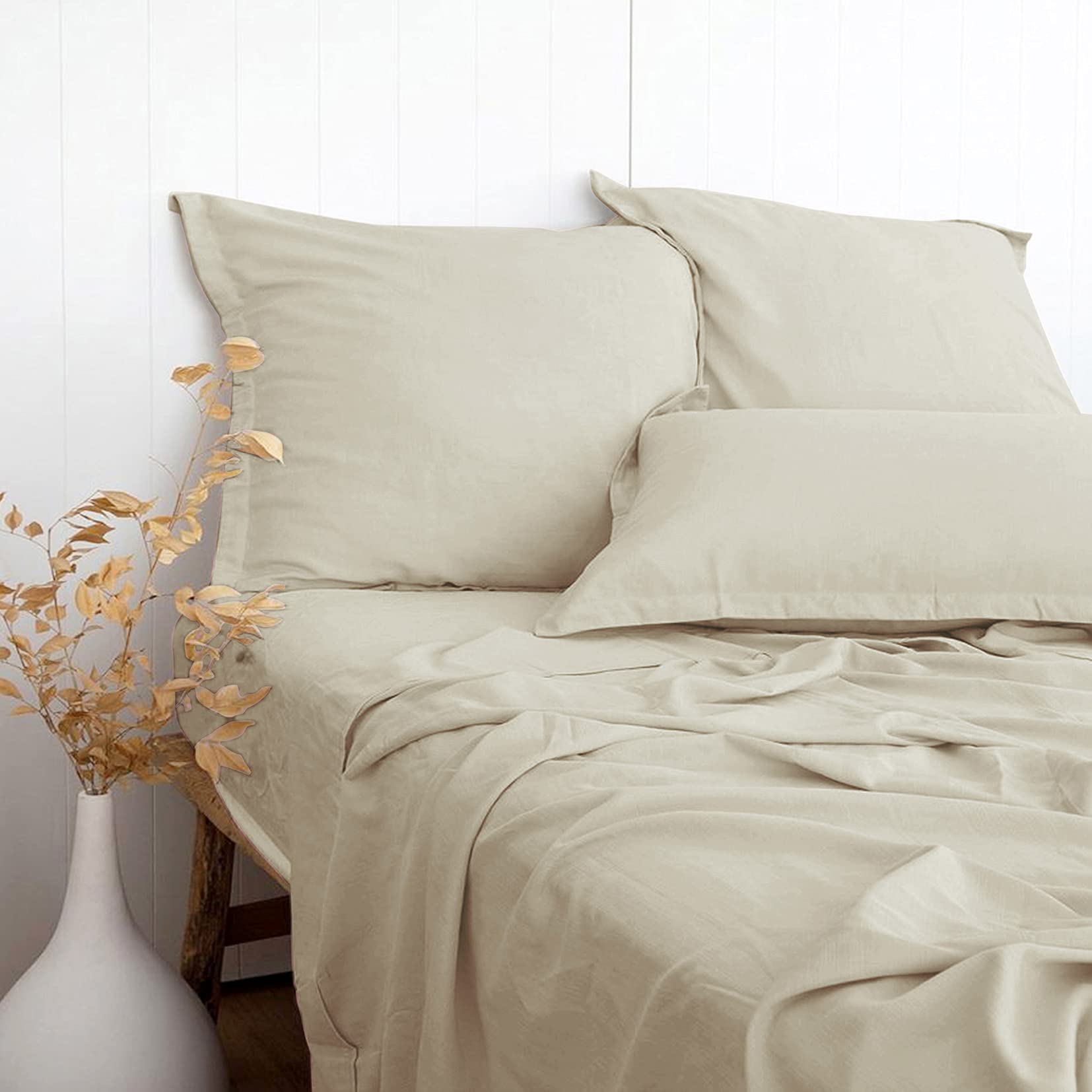 PANDATEX Beige Linen-Textured Bed Sheets Set, Bamboo Rayon, Cotton, Linen Blend Bed Sheets King Size, Soft Cool & Breathable for Hot Sleepers,Durable Natural Organic Bed 15'' Deep Pocket - 4 Piece