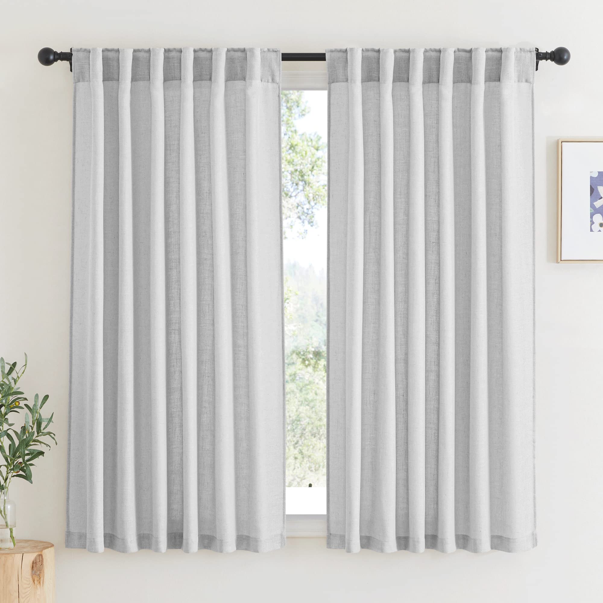 RYB HOME Farmhouse Sheer Curtains 108 inch Length, Semi Sheer Curtain & Drapes Large Window Dressing Lights & Winds Filter for Bedroom Home Office Living Room, Linen, W 70 x L 108 inch Long, 1 Pair