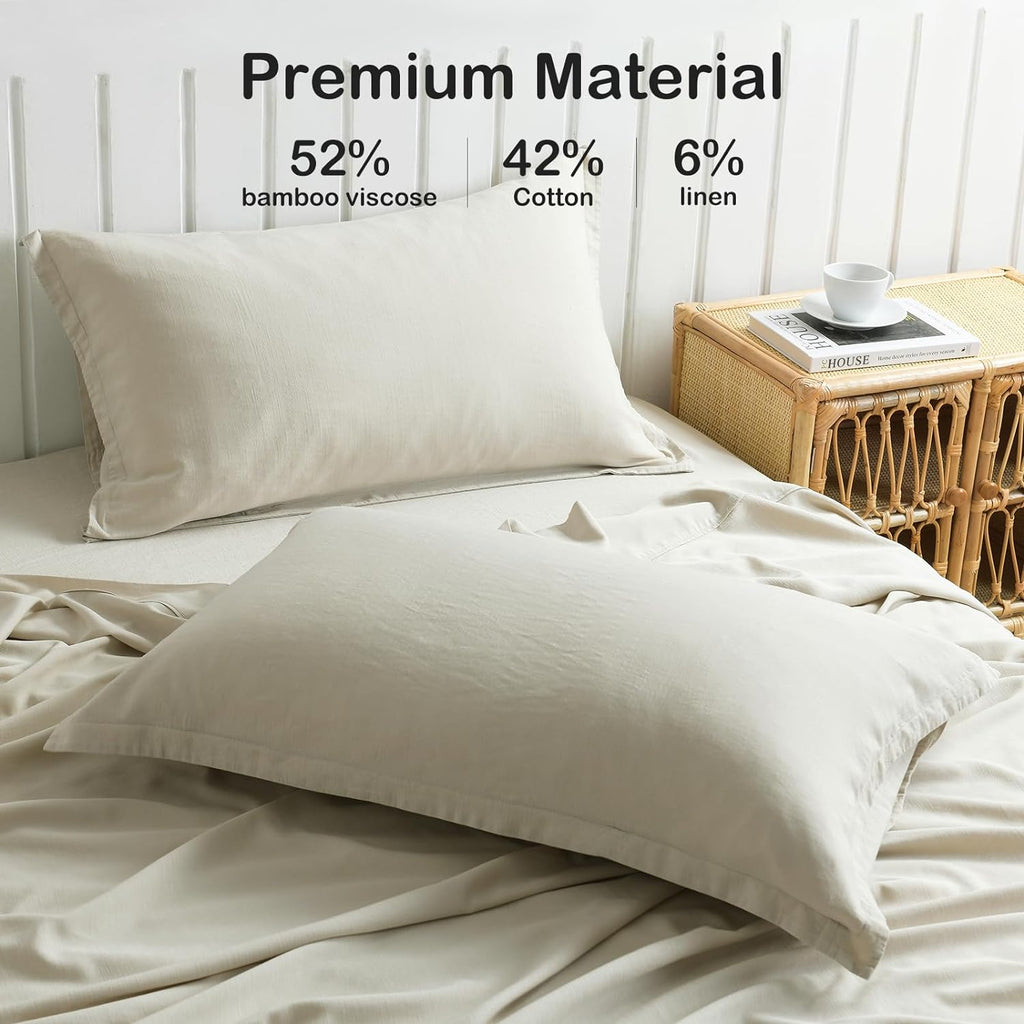 PANDATEX Beige Linen-Textured Bed Sheets Set, Bamboo Rayon, Cotton, Linen Blend Bed Sheets King Size, Soft Cool & Breathable for Hot Sleepers,Durable Natural Organic Bed 15'' Deep Pocket - 4 Piece